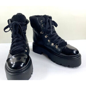 Steve Madden Reyen Black Leather Lace Up Combat Boot Sherpa Trim Sz 7 NWOB